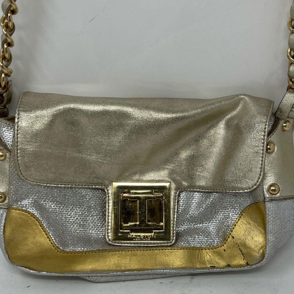 Halston Women's Gold and Silver Leather Inner Pockets Flap Shoulder Purse